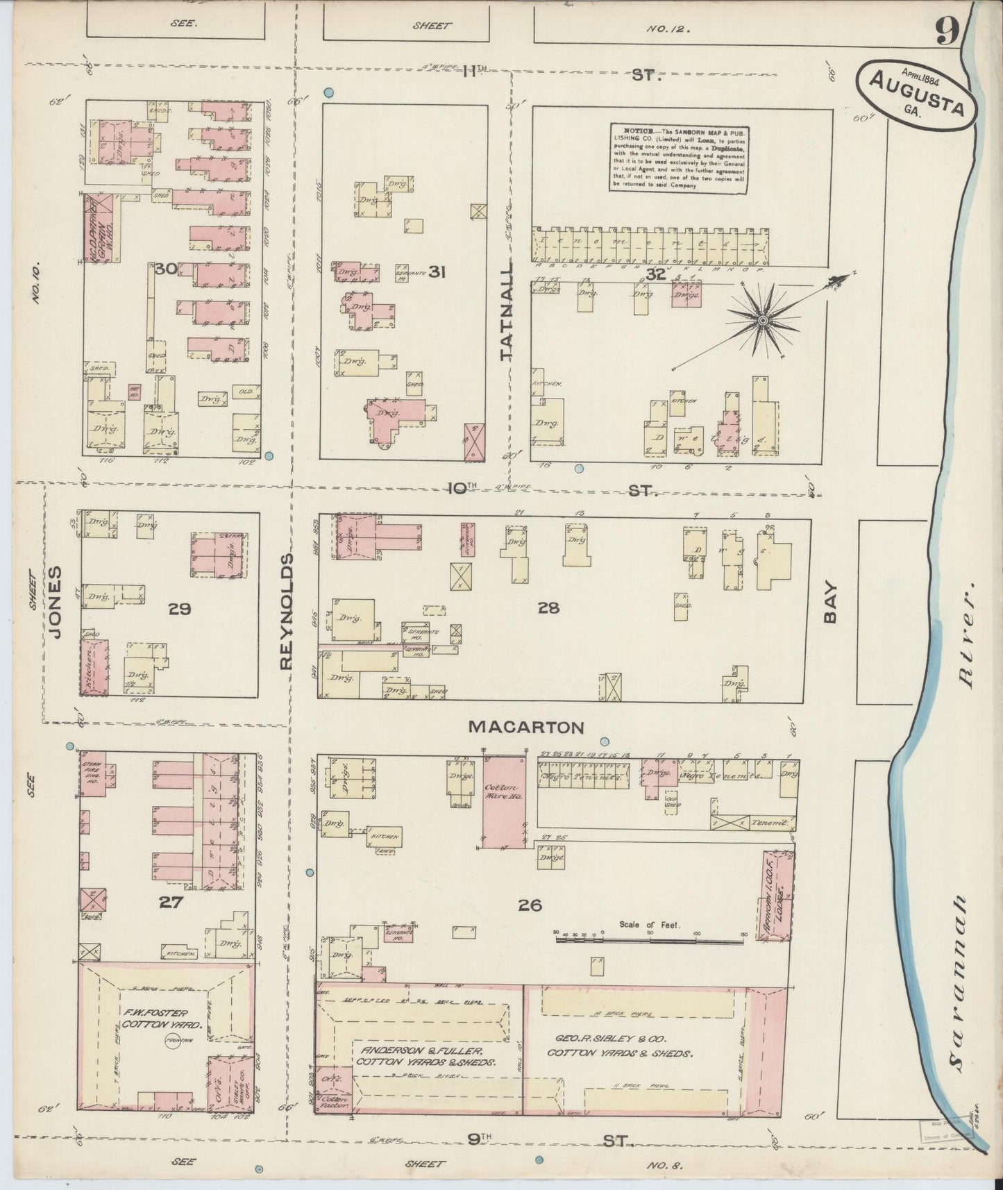 Sanborn Fire Insurance Map from Augusta, Richmond County, Georgia (1884), Sheet #0009 - Historic Sanborn Fire Insurance Map Print, vintage old map wall art, antique decor, genealogy gift, Georgia Georgia map