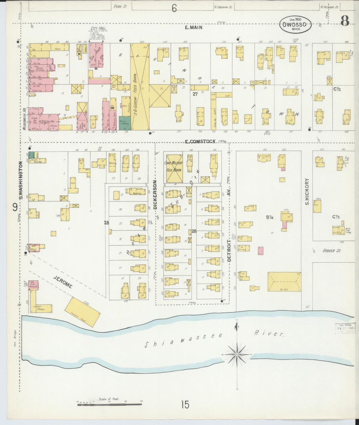 Sanborn Fire Insurance Map from Owosso, Shiawassee County, Michigan (1900), Sheet #0008 - Historic Sanborn Fire Insurance Map Print, vintage old map wall art, antique decor, genealogy gift, Michigan Michigan map