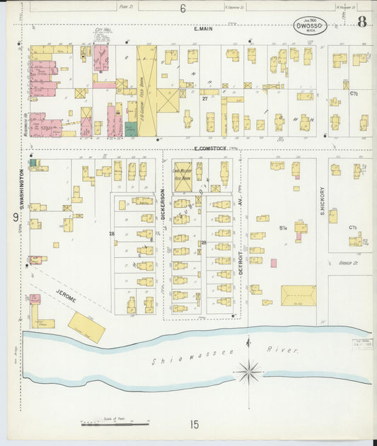 Sanborn Fire Insurance Map from Owosso, Shiawassee County, Michigan (1900), Sheet #0008 - Historic Sanborn Fire Insurance Map Print, vintage old map wall art, antique decor, genealogy gift, Michigan Michigan map