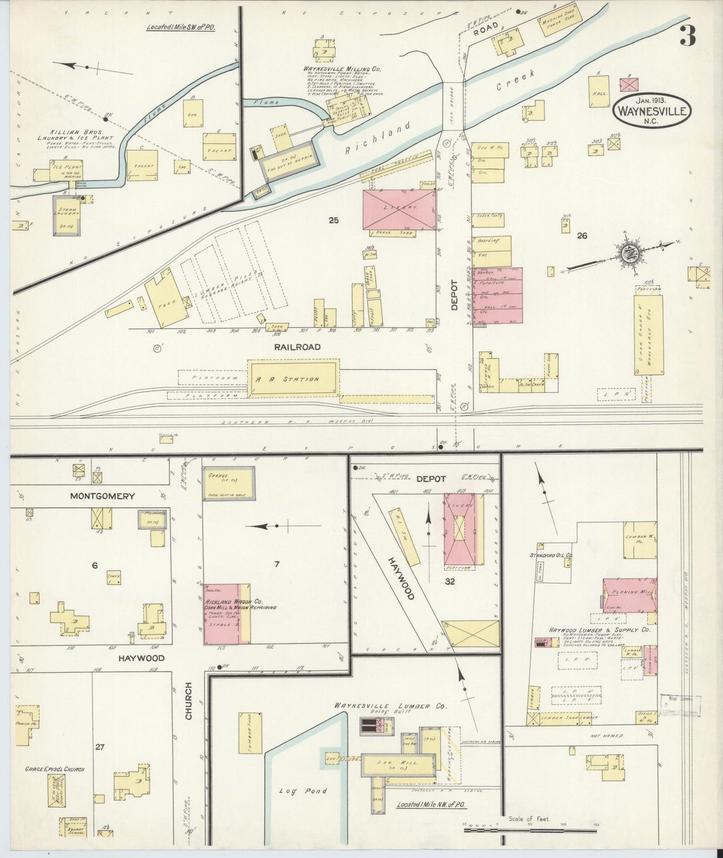 Sanborn Fire Insurance Map from Waynesville, Haywood County, North Carolina (1913), Sheet #0003 - Historic Sanborn Fire Insurance Map Print, vintage old map wall art, antique decor, genealogy gift, North Carolina North Carolina map