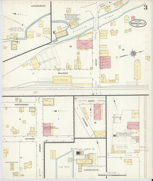 Sanborn Fire Insurance Map from Waynesville, Haywood County, North Carolina (1913), Sheet #0003 - Historic Sanborn Fire Insurance Map Print, vintage old map wall art, antique decor, genealogy gift, North Carolina North Carolina map