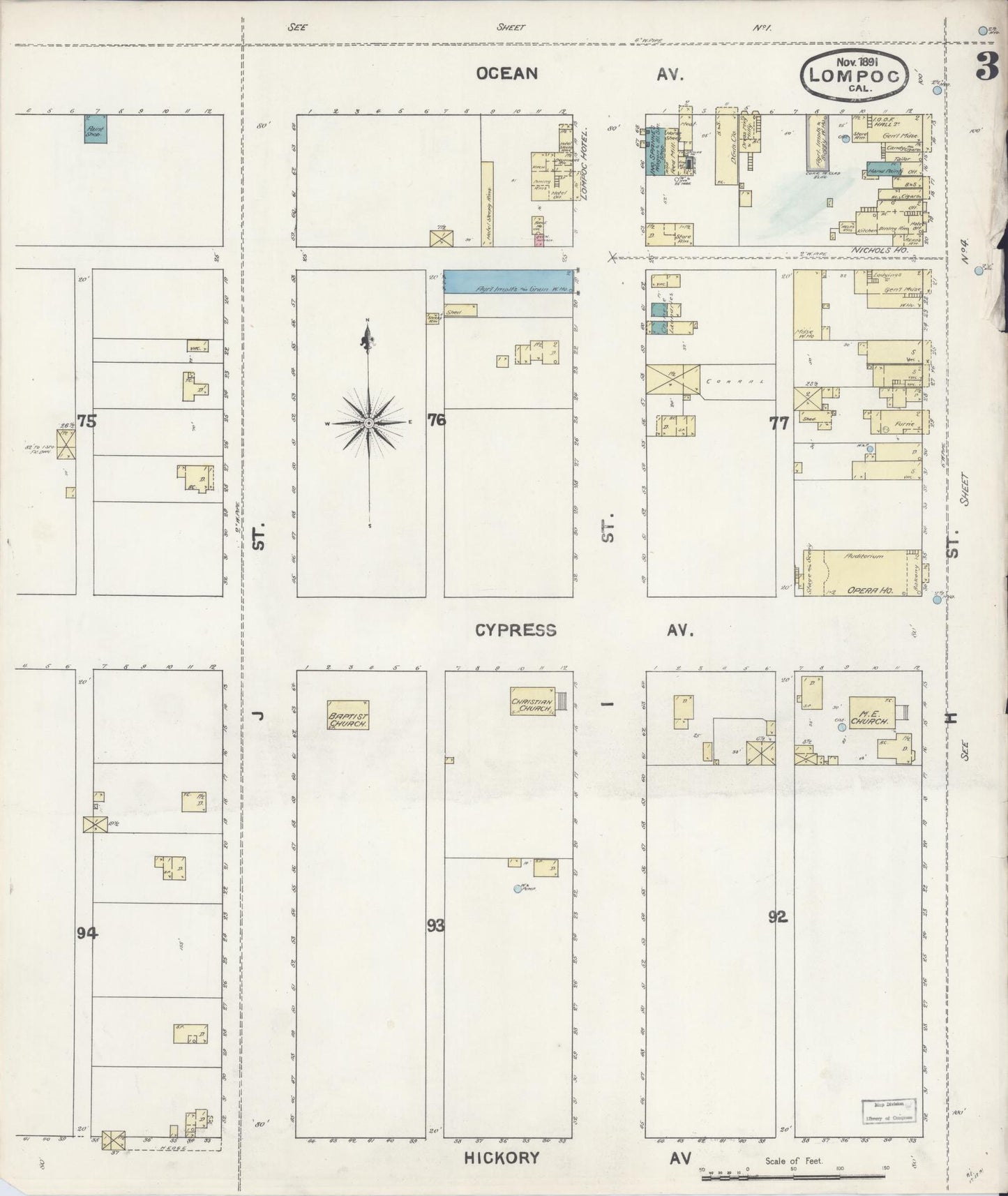 Sanborn Fire Insurance Map from Lompoc, Santa Barbara County, California (1891), Sheet #0003 - Historic Sanborn Fire Insurance Map Print, vintage old map wall art, antique decor, genealogy gift, California California map