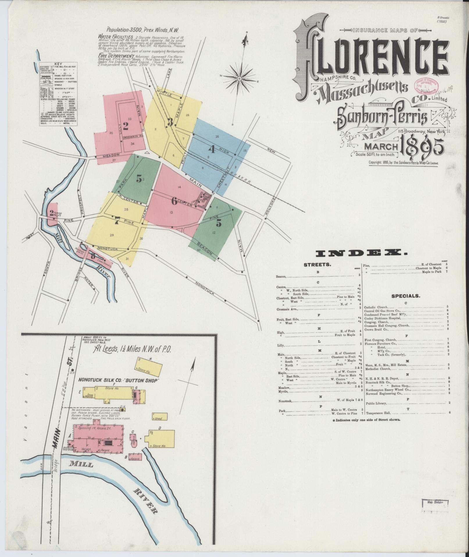 Sanborn Fire Insurance Map from Florence, Hampshire County, Massachusetts (1895), Sheet #0001 - Historic Sanborn Fire Insurance Map Print, vintage old map wall art, antique decor, genealogy gift, Massachusetts Massachusetts map