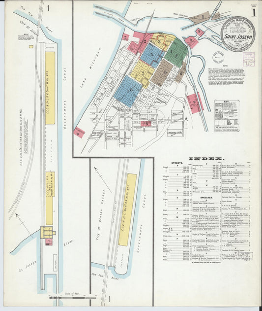 Sanborn Fire Insurance Map from Saint Joseph, Berrien County, Michigan (1902), Sheet #0001 - Historic Sanborn Fire Insurance Map Print, vintage old map wall art, antique decor, genealogy gift, Michigan Michigan map