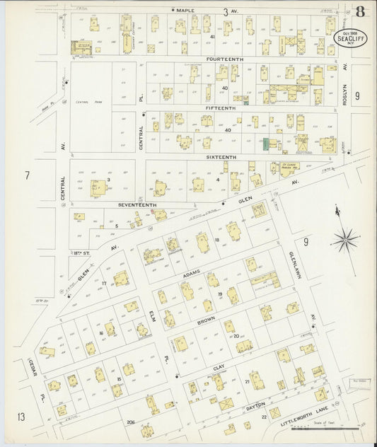 Sanborn Fire Insurance Map from Sea Cliff, Nassau County, New York (1908), Sheet #0008 - Historic Sanborn Fire Insurance Map Print, vintage old map wall art, antique decor, genealogy gift, New York New York map