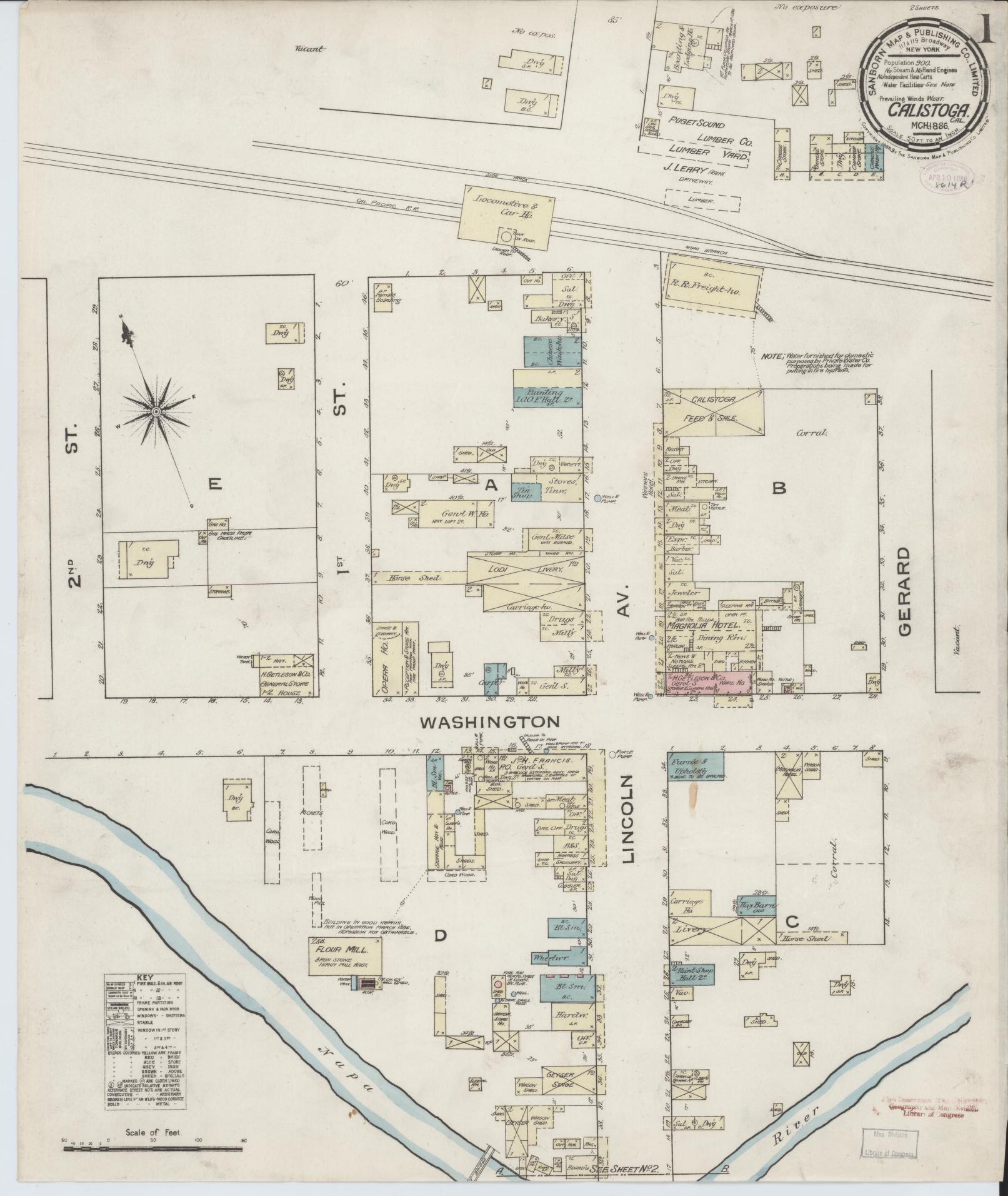 Sanborn Fire Insurance Map from Calistoga, Napa County, California (1886), Sheet #0001 - Complete Map Set gallery image, historic Sanborn map, vintage wall art, California California