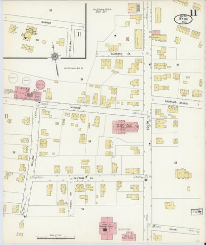 Sanborn Fire Insurance Map from Ware, Hampshire County, Massachusetts (1912), Sheet #0011 - Historic Sanborn Fire Insurance Map Print, vintage old map wall art, antique decor, genealogy gift, Massachusetts Massachusetts map