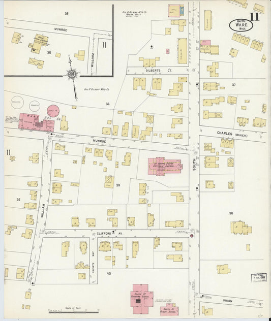 Sanborn Fire Insurance Map from Ware, Hampshire County, Massachusetts (1912), Sheet #0011 - Historic Sanborn Fire Insurance Map Print, vintage old map wall art, antique decor, genealogy gift, Massachusetts Massachusetts map