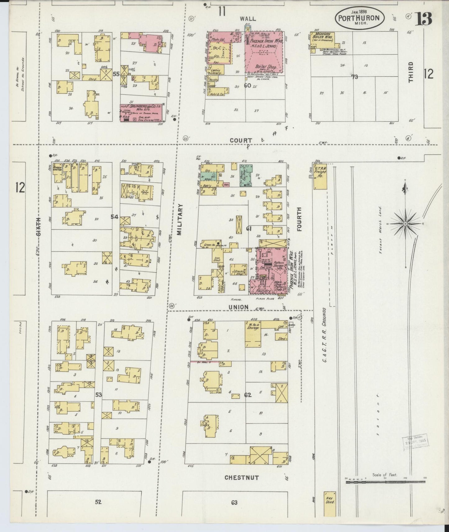Sanborn Fire Insurance Map from Port Huron, Saint Clair County, Michigan (1898), Sheet #0013 - Complete Map Set gallery image, historic Sanborn map, vintage wall art, Michigan Michigan