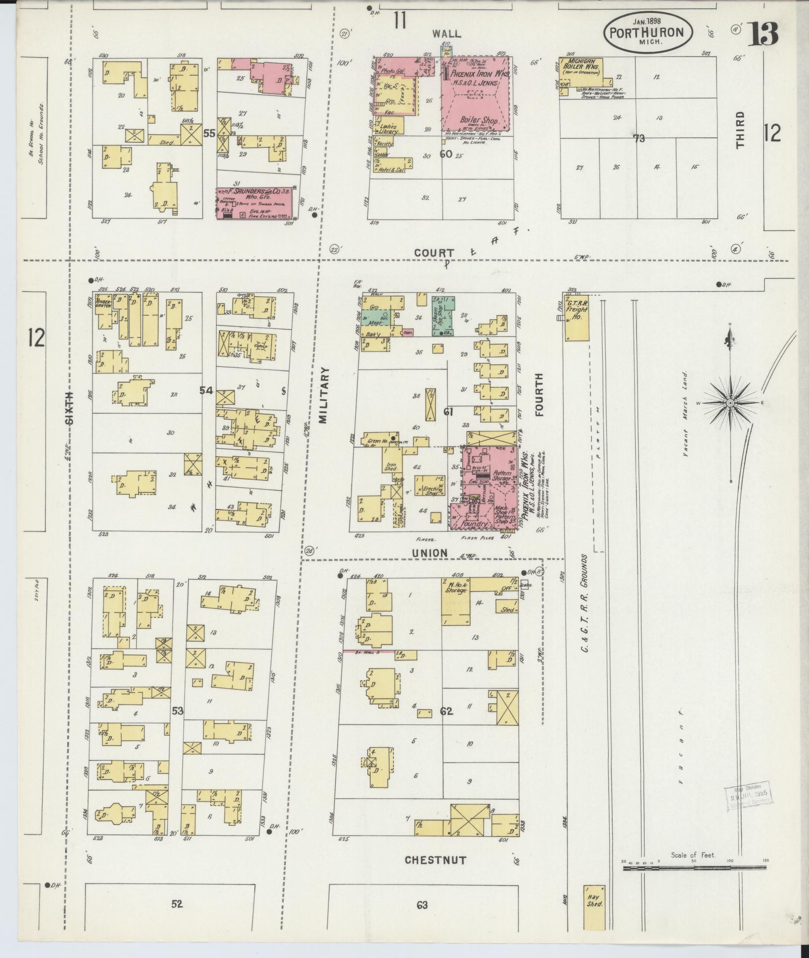 Sanborn Fire Insurance Map from Port Huron, Saint Clair County, Michigan (1898), Sheet #0013 - Complete Map Set gallery image, historic Sanborn map, vintage wall art, Michigan Michigan