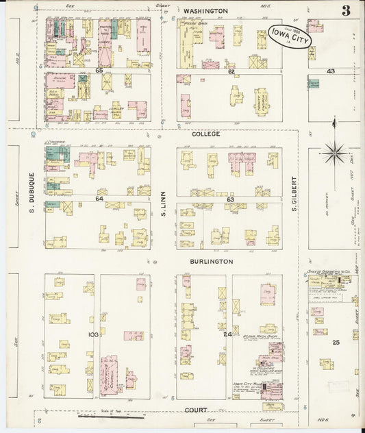 Sanborn Fire Insurance Map from Iowa City, Johnson County, Iowa (1888), Sheet #0003 - Historic Sanborn Fire Insurance Map Print, vintage old map wall art