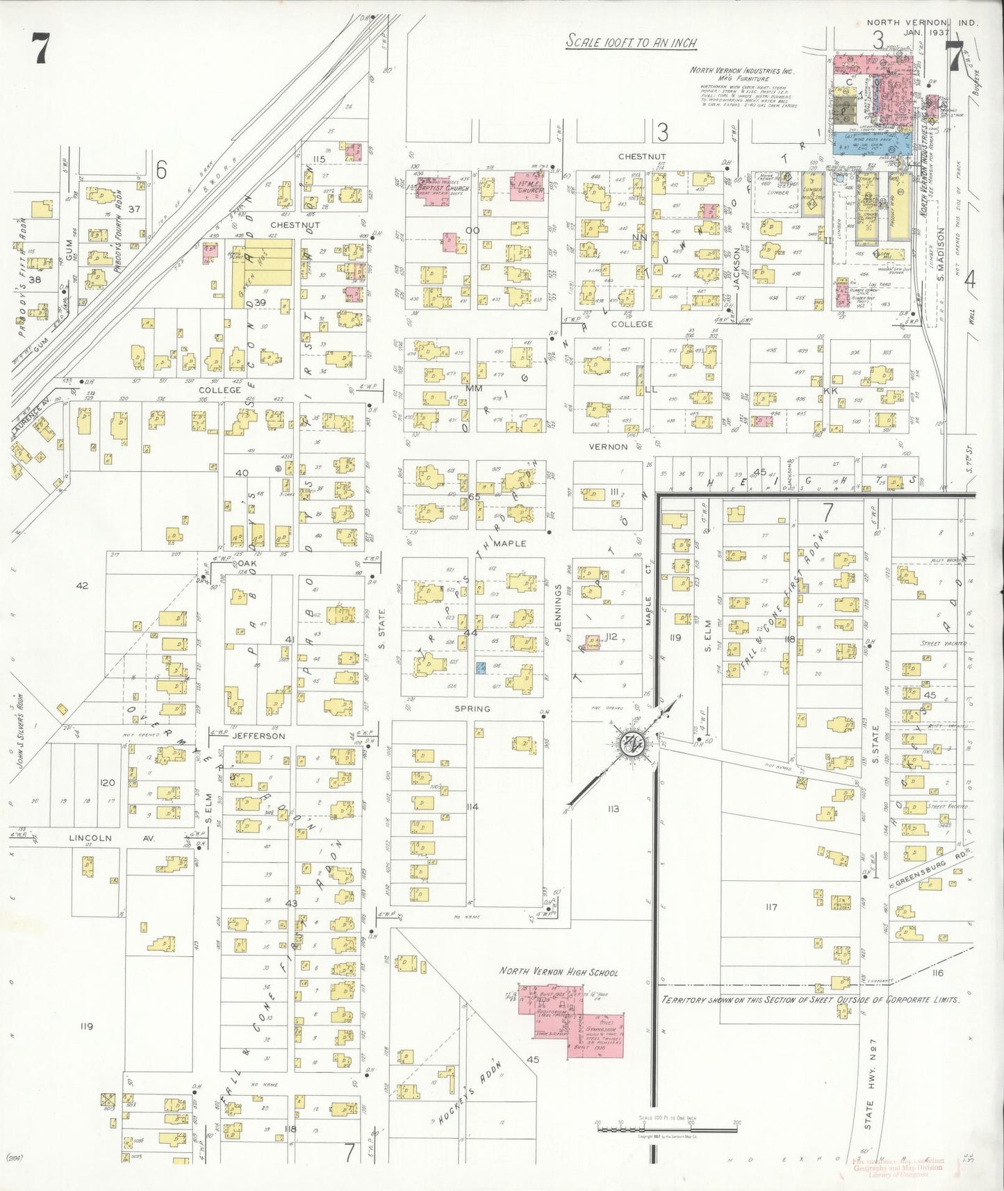 Sanborn Fire Insurance Map from North Vernon, Jennings County, Indiana (1937), Sheet #0007 - Complete Map Set gallery image, historic Sanborn map, vintage wall art, Indiana Indiana