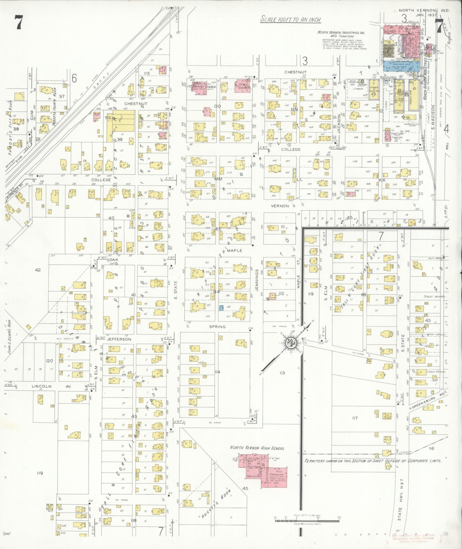 Sanborn Fire Insurance Map from North Vernon, Jennings County, Indiana (1937), Sheet #0007 - Complete Map Set gallery image, historic Sanborn map, vintage wall art, Indiana Indiana