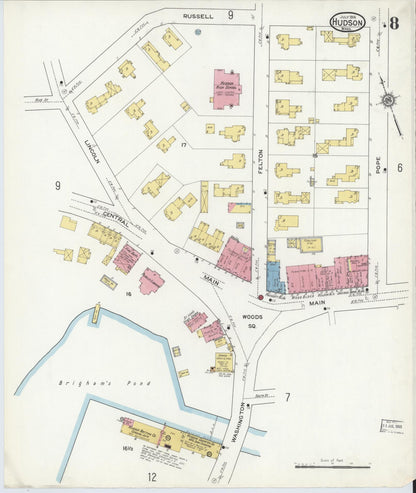 Sanborn Fire Insurance Map from Hudson, Middlesex County, Massachusetts (1916), Sheet #0008 - Historic Sanborn Fire Insurance Map Print, vintage old map wall art, antique decor, genealogy gift, Massachusetts Massachusetts map