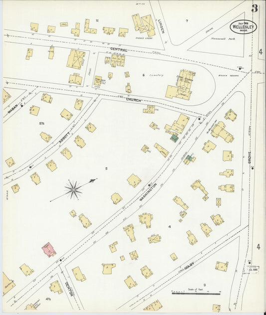 Sanborn Fire Insurance Map from Wellesley, Norfolk County, Massachusetts (1906), Sheet #0003 - Historic Sanborn Fire Insurance Map Print, vintage old map wall art, antique decor, genealogy gift, Massachusetts Massachusetts map