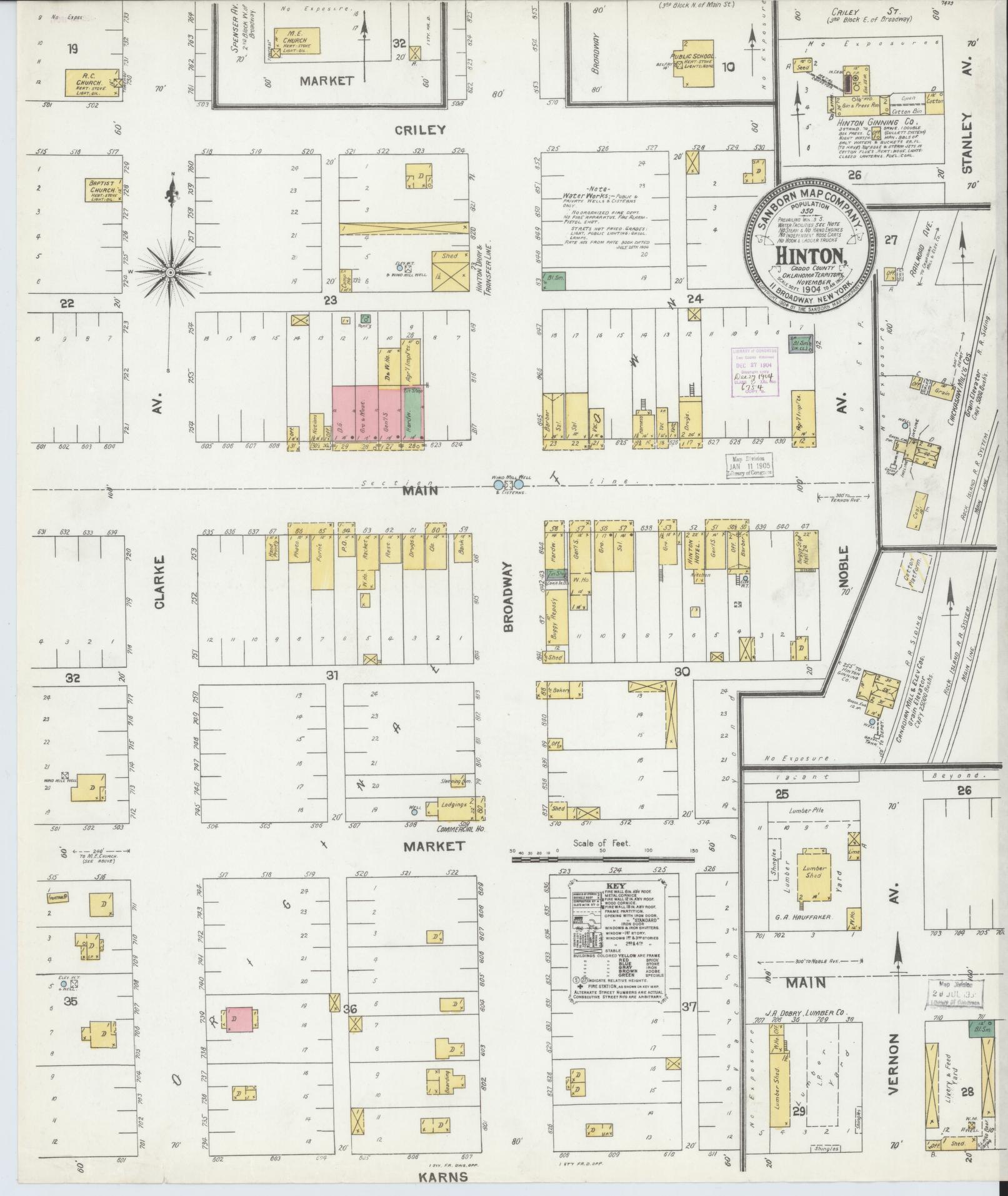 Sanborn Fire Insurance Map from Hinton, Caddo County, Oklahoma (1904), Sheet #0001 - Historic Sanborn Fire Insurance Map Print, vintage old map wall art, antique decor, genealogy gift, Oklahoma Oklahoma map