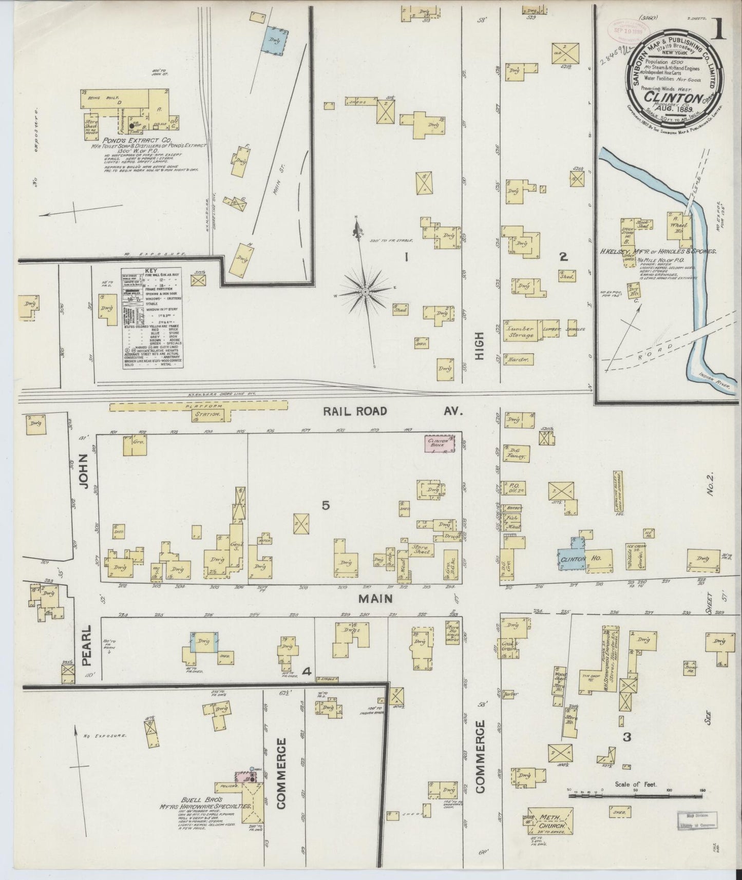 Sanborn Fire Insurance Map from Clinton, Middlesex County, Connecticut (1889), Sheet #0001 - Historic Sanborn Fire Insurance Map Print, vintage old map wall art, antique decor, genealogy gift, Connecticut Connecticut map