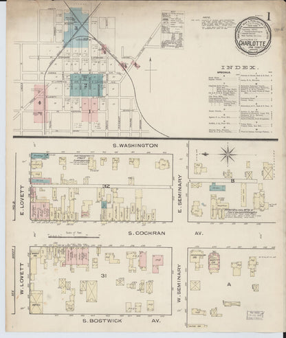 Sanborn Fire Insurance Map from Charlotte, Eaton County, Michigan (1886), Sheet #0001 - Complete Map Set gallery image, historic Sanborn map, vintage wall art, Michigan Michigan