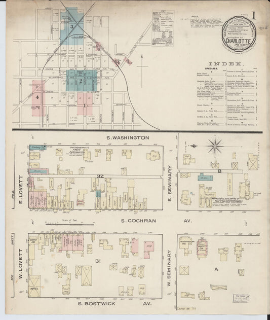 Sanborn Fire Insurance Map from Charlotte, Eaton County, Michigan (1886), Sheet #0001 - Complete Map Set gallery image, historic Sanborn map, vintage wall art, Michigan Michigan