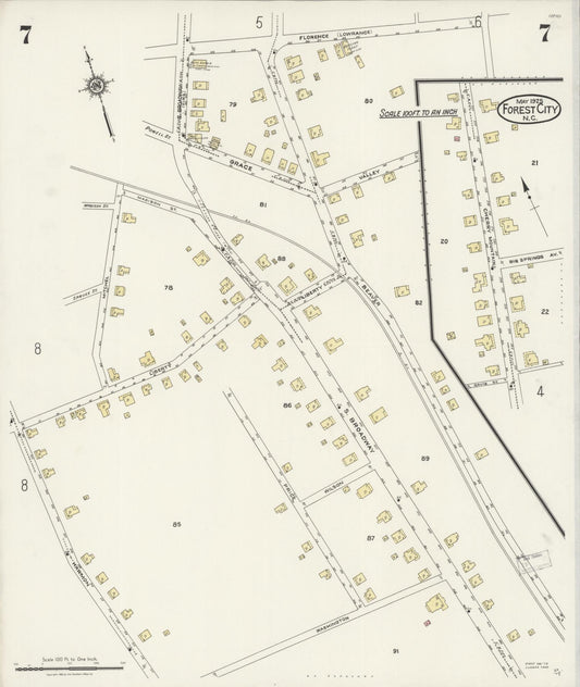 Sanborn Fire Insurance Map from Forest City, Rutherford County, North Carolina (1925), Sheet #0007 - Historic Sanborn Fire Insurance Map Print, vintage old map wall art, antique decor, genealogy gift, North Carolina North Carolina map