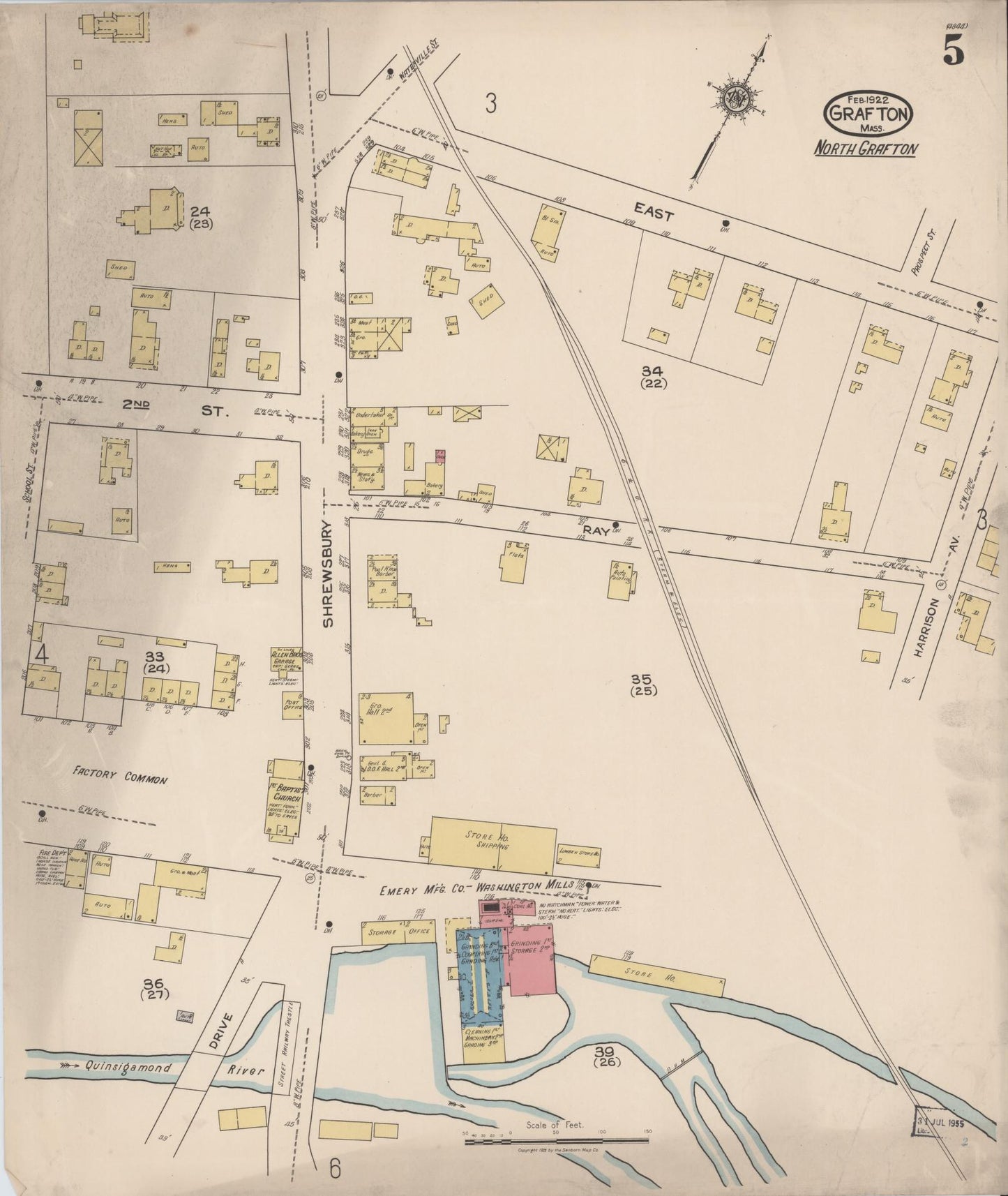 Sanborn Fire Insurance Map from Grafton, Worcester County, Massachusetts (1922), Sheet #0005 - Historic Sanborn Fire Insurance Map Print, vintage old map wall art, antique decor, genealogy gift, Massachusetts Massachusetts map
