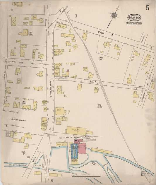 Sanborn Fire Insurance Map from Grafton, Worcester County, Massachusetts (1922), Sheet #0005 - Historic Sanborn Fire Insurance Map Print, vintage old map wall art, antique decor, genealogy gift, Massachusetts Massachusetts map