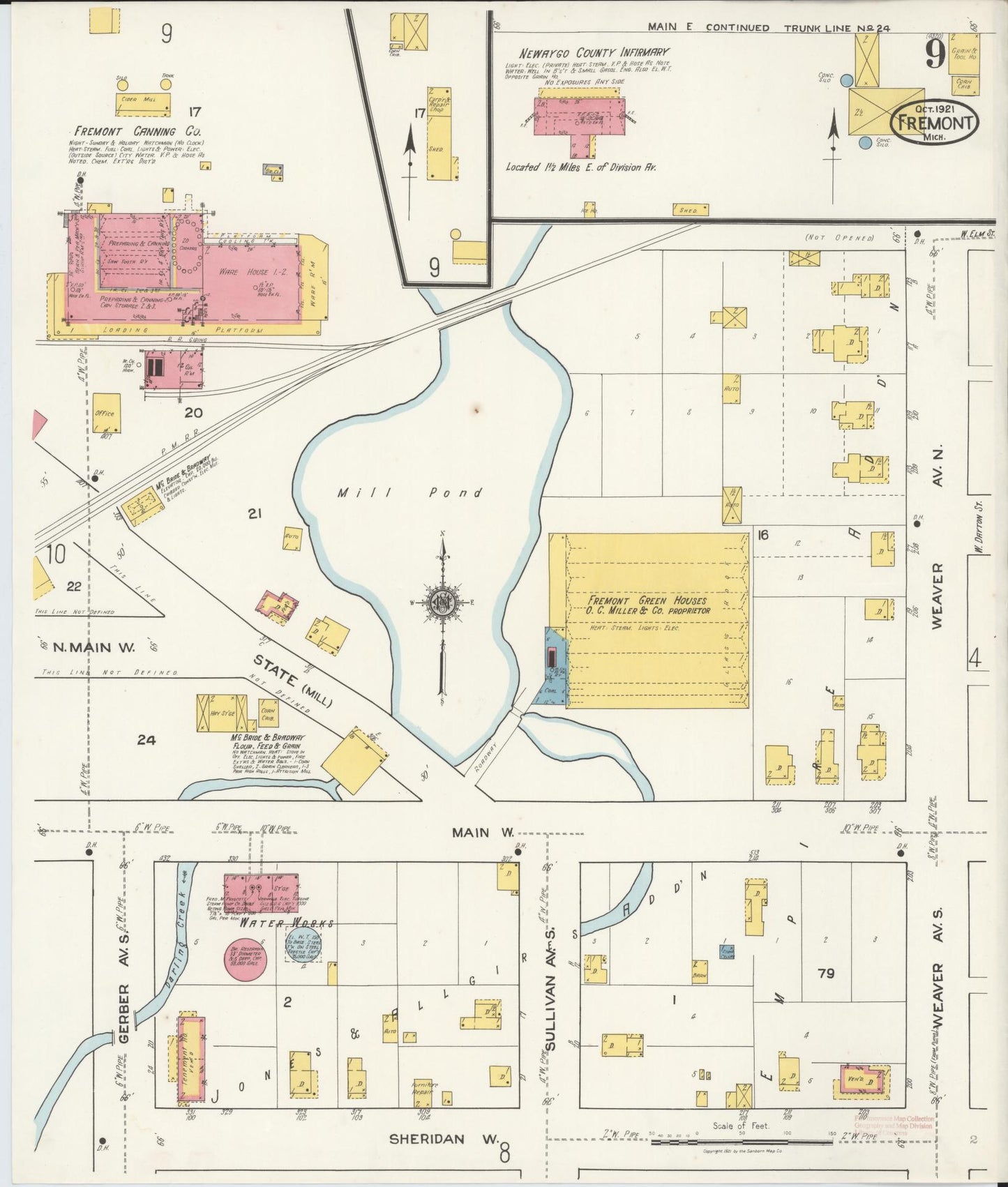 Sanborn Fire Insurance Map from Fremont, Newaygo County, Michigan (1921), Sheet #0009 - Complete Map Set gallery image, historic Sanborn map, vintage wall art, Michigan Michigan