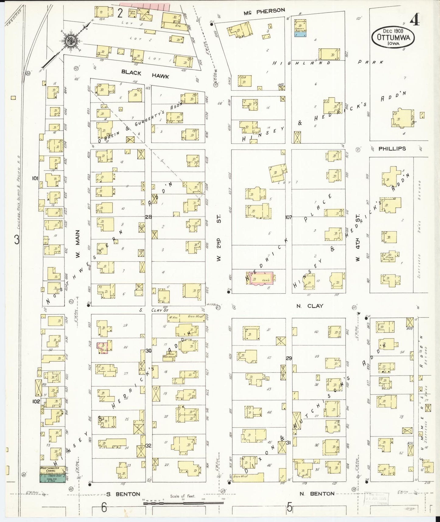Sanborn Fire Insurance Map from Ottumwa, Wapello County, Iowa (1909), Sheet #0004 - Historic Sanborn Fire Insurance Map Print, vintage old map wall art