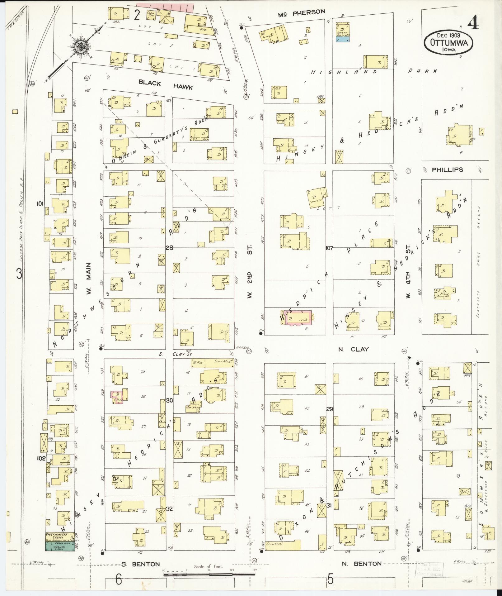 Sanborn Fire Insurance Map from Ottumwa, Wapello County, Iowa (1909), Sheet #0004 - Historic Sanborn Fire Insurance Map Print, vintage old map wall art