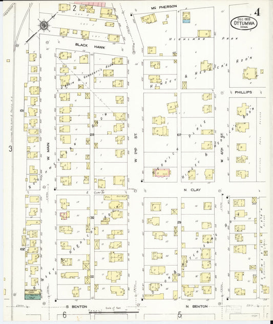 Sanborn Fire Insurance Map from Ottumwa, Wapello County, Iowa (1909), Sheet #0004 - Historic Sanborn Fire Insurance Map Print, vintage old map wall art