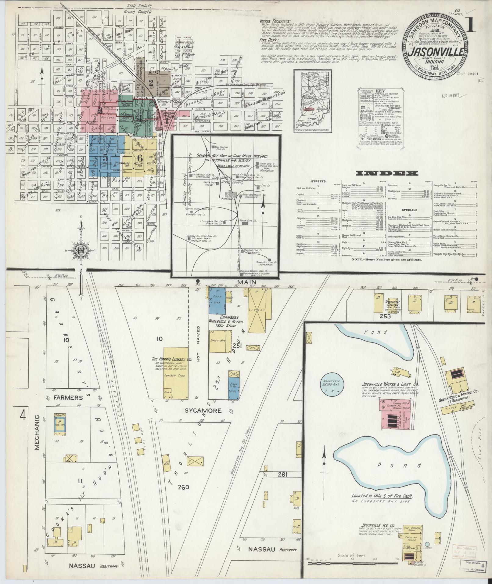 Sanborn Fire Insurance Map from Jasonville, Greene County, Indiana (1915), Sheet #0001 - Complete Map Set gallery image, historic Sanborn map, vintage wall art, Indiana Indiana
