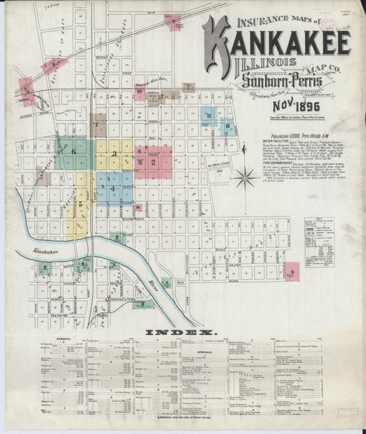 Sanborn Fire Insurance Map from Kankakee, Kankakee County, Illinois (1896), Sheet #0001 - Complete Map Set gallery image, historic Sanborn map, vintage wall art, Illinois Illinois
