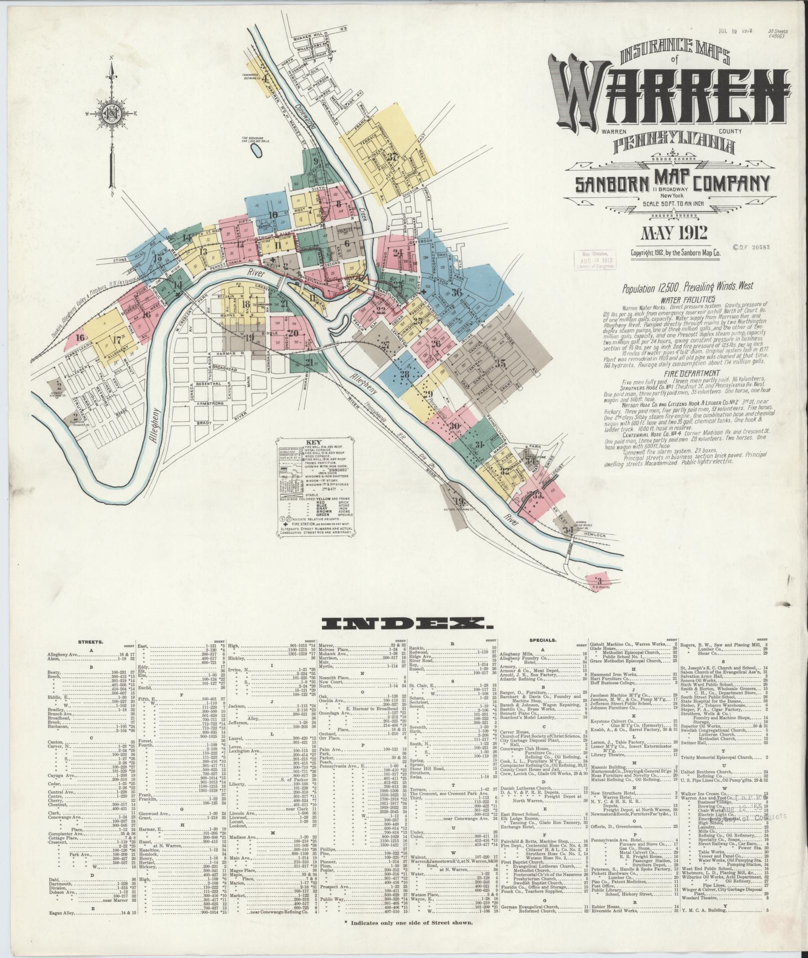 Sanborn Fire Insurance Map from Warren, Warren County, Pennsylvania. (1912) – Historic Sanborn Fire Insurance Map Print