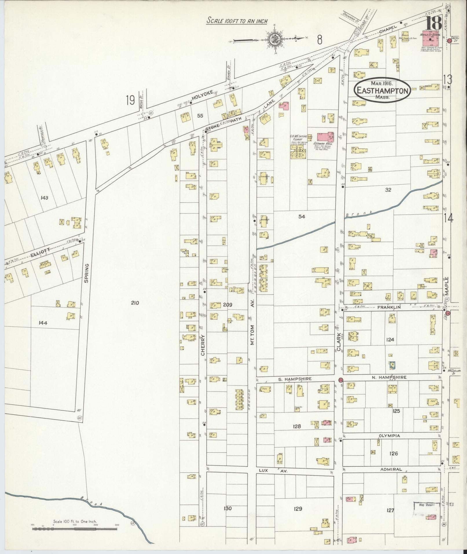 Sanborn Fire Insurance Map from East Hampton, Hampshire County, Massachusetts (1916), Sheet #0018 - Historic Sanborn Fire Insurance Map Print, vintage old map wall art, antique decor, genealogy gift, Massachusetts Massachusetts map