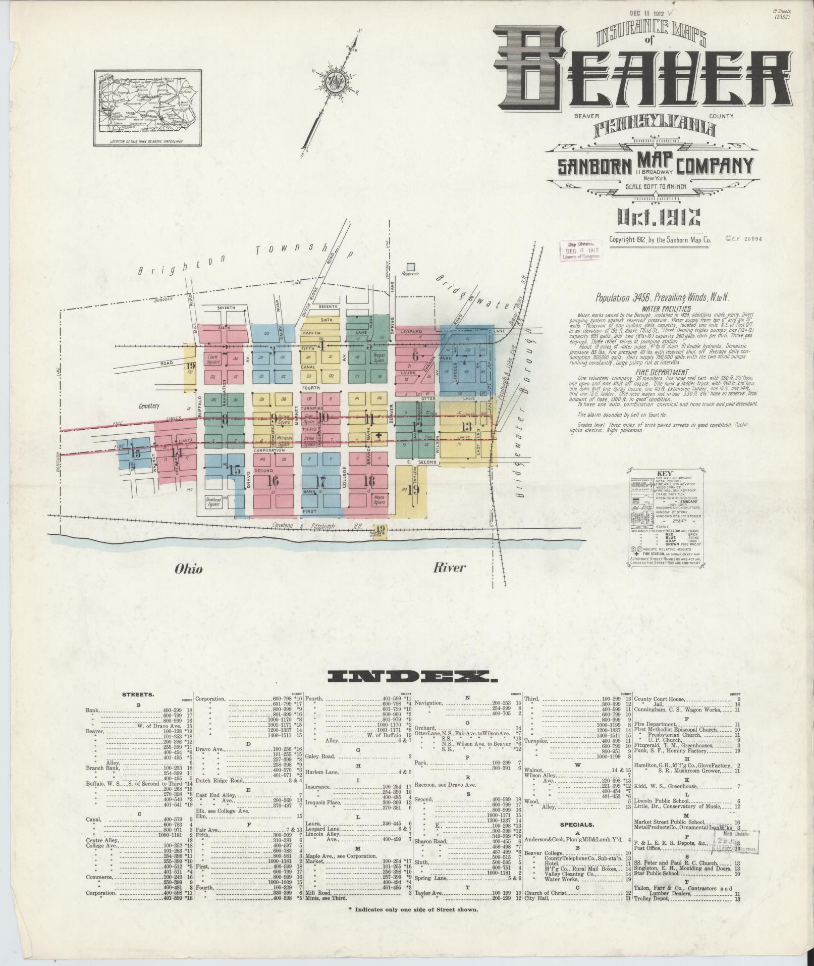 Sanborn Fire Insurance Map from Beaver, Beaver County, Pennsylvania (1912), Sheet #0001 - Historic Sanborn Fire Insurance Map Print, vintage old map wall art, antique decor, genealogy gift, Pennsylvania Pennsylvania map