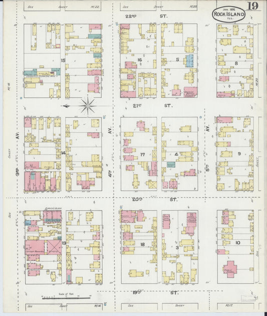 Sanborn Fire Insurance Map from Rock Island, Rock Island County, Illinois (1892), Sheet #0019 - Historic Sanborn Fire Insurance Map Print, vintage old map wall art, antique decor, genealogy gift, Illinois Illinois map