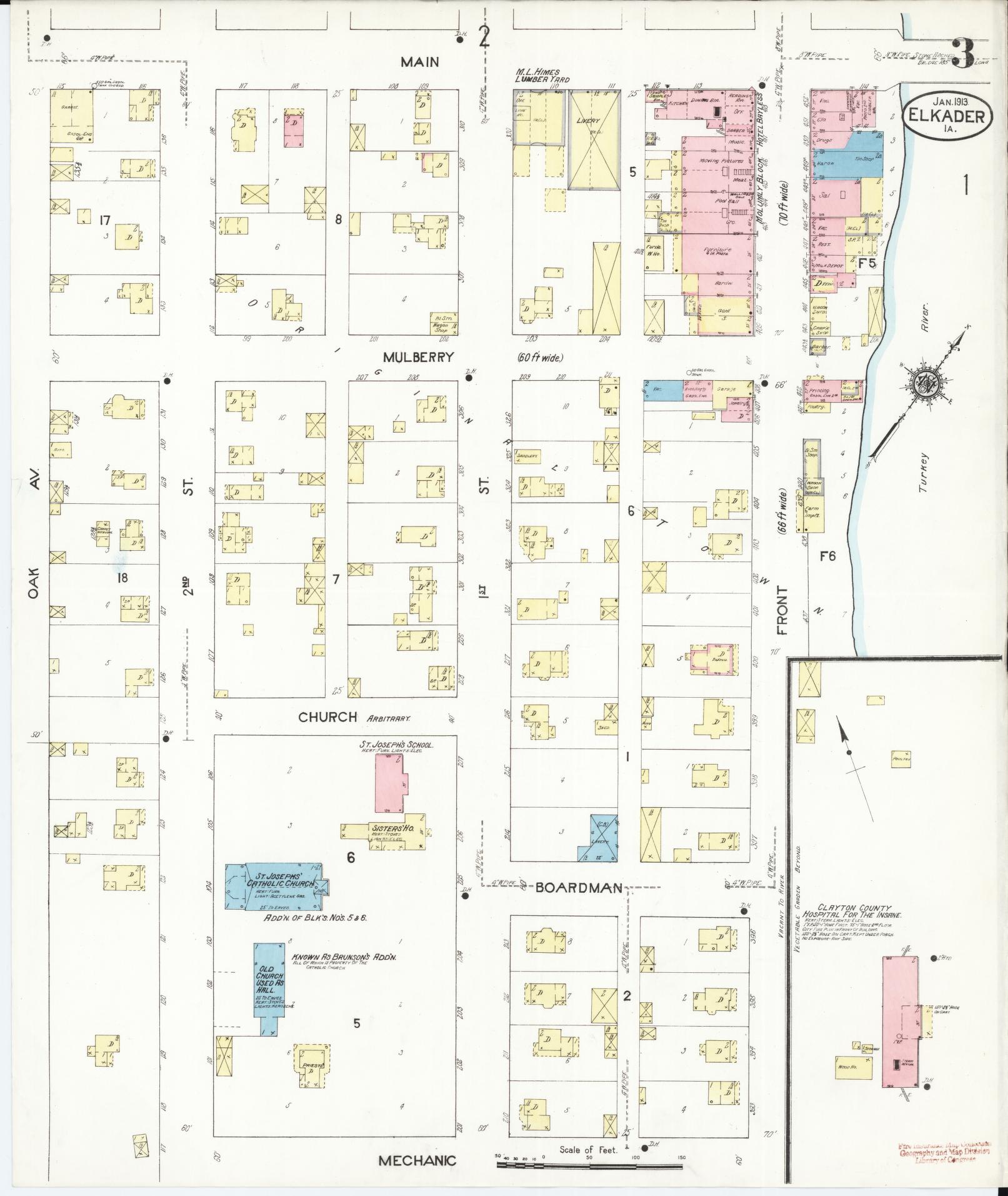 Sanborn Fire Insurance Map from Elkader, Clayton County, Iowa (1913), Sheet #0003 - Historic Sanborn Fire Insurance Map Print, vintage old map wall art