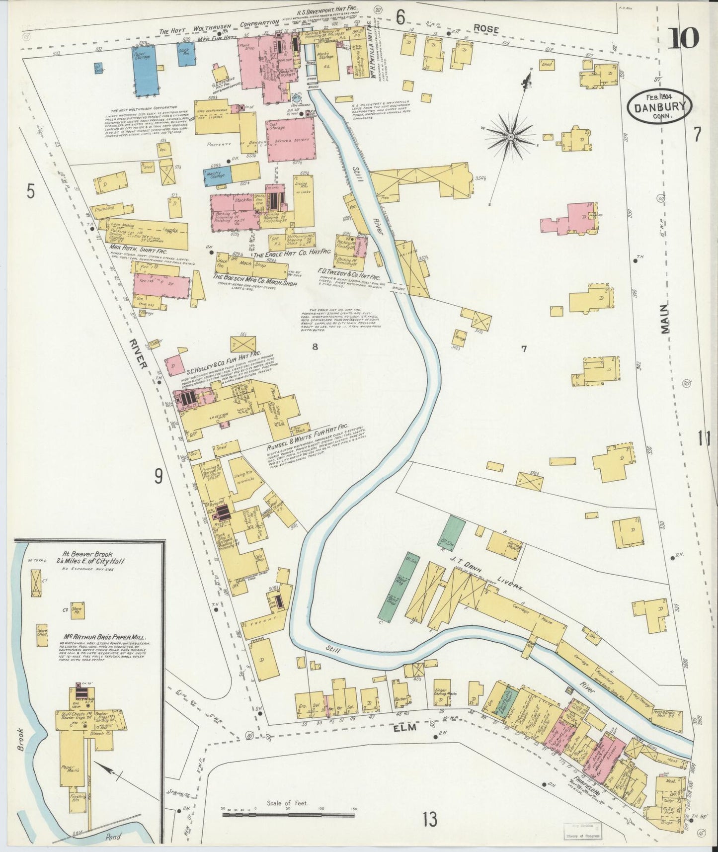 Sanborn Fire Insurance Map from Danbury, Fairfield County, Connecticut (1904), Sheet #0010 - Historic Sanborn Fire Insurance Map Print, vintage old map wall art, antique decor, genealogy gift, Connecticut Connecticut map