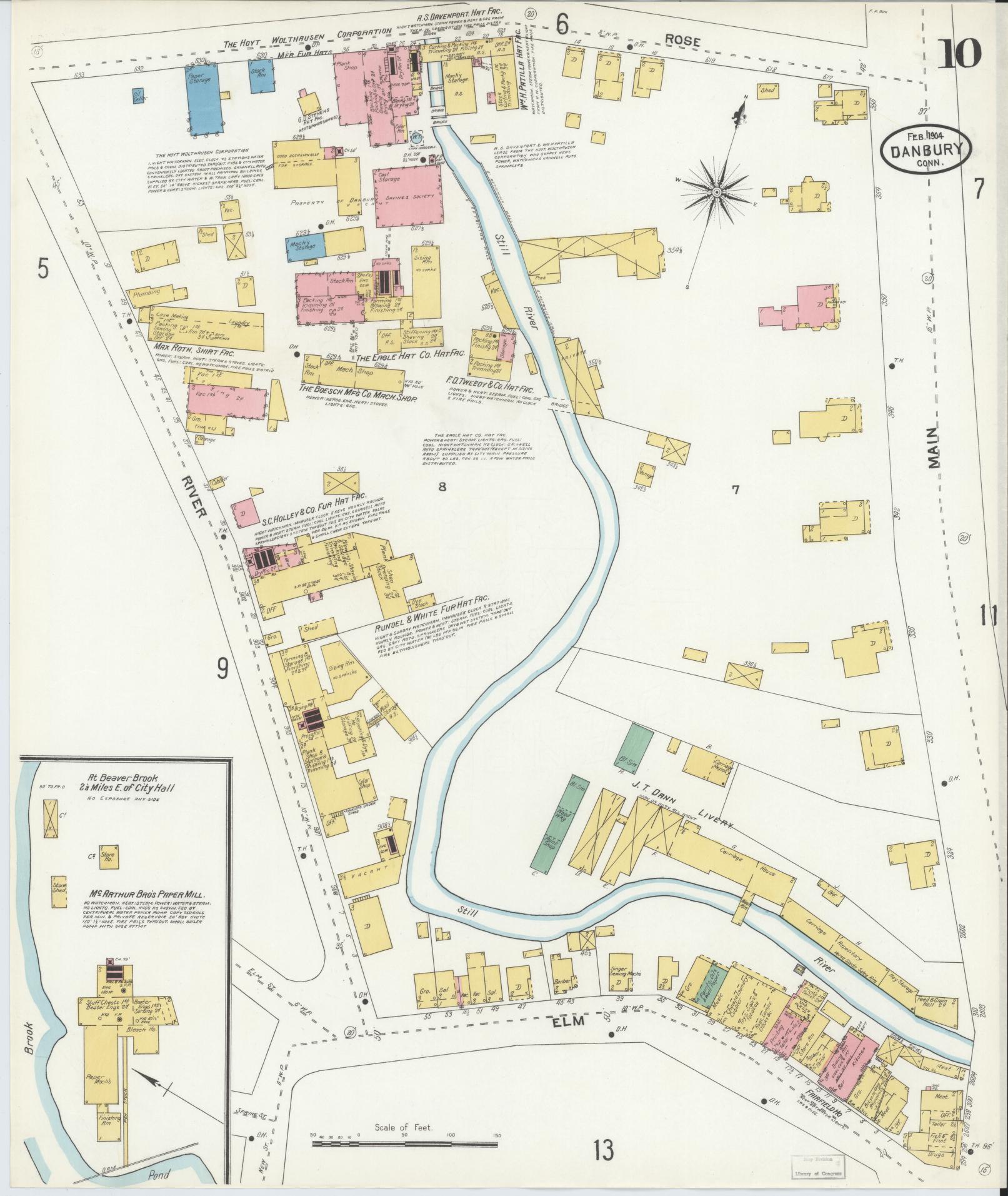 Sanborn Fire Insurance Map from Danbury, Fairfield County, Connecticut (1904), Sheet #0010 - Historic Sanborn Fire Insurance Map Print, vintage old map wall art, antique decor, genealogy gift, Connecticut Connecticut map