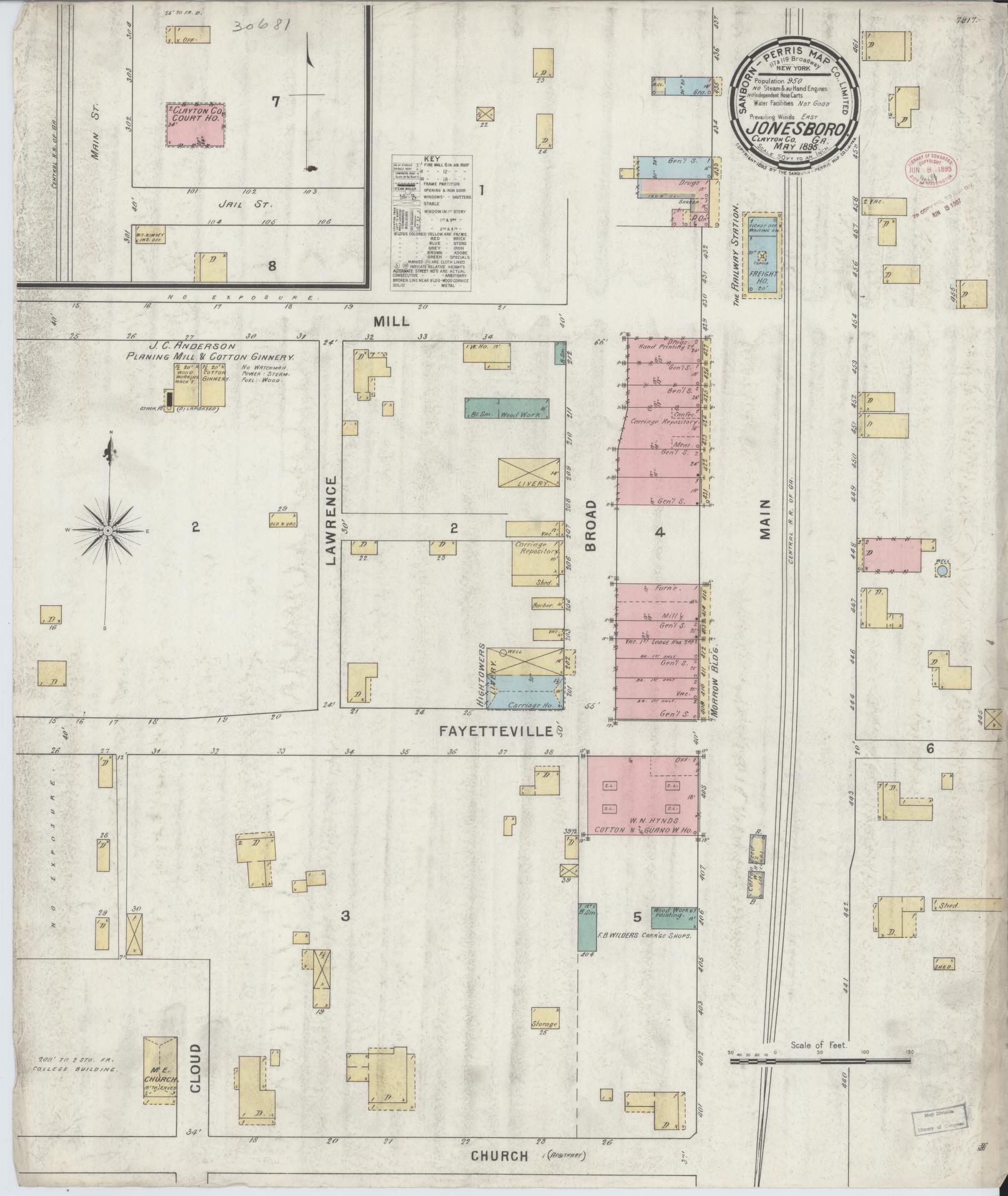 Sanborn Fire Insurance Map from Jonesboro, Clayton County, Georgia (1895), Sheet #0001 - Historic Sanborn Fire Insurance Map Print, vintage old map wall art, antique decor, genealogy gift, Georgia Georgia map