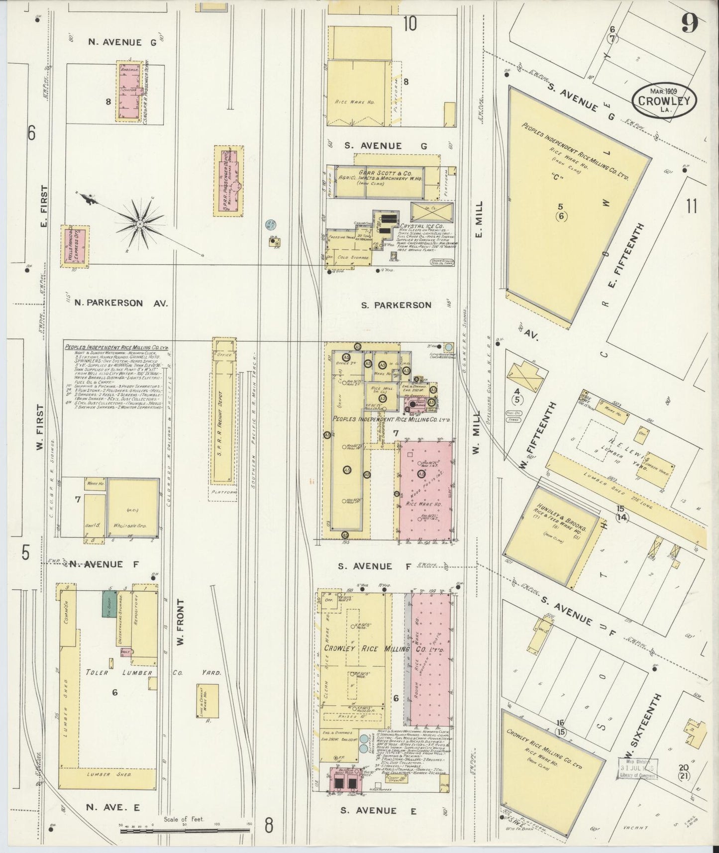 Sanborn Fire Insurance Map from Crowley, Acadia Parish, Louisiana (1909), Sheet #0009 - Complete Map Set gallery image, historic Sanborn map, vintage wall art, Louisiana Louisiana