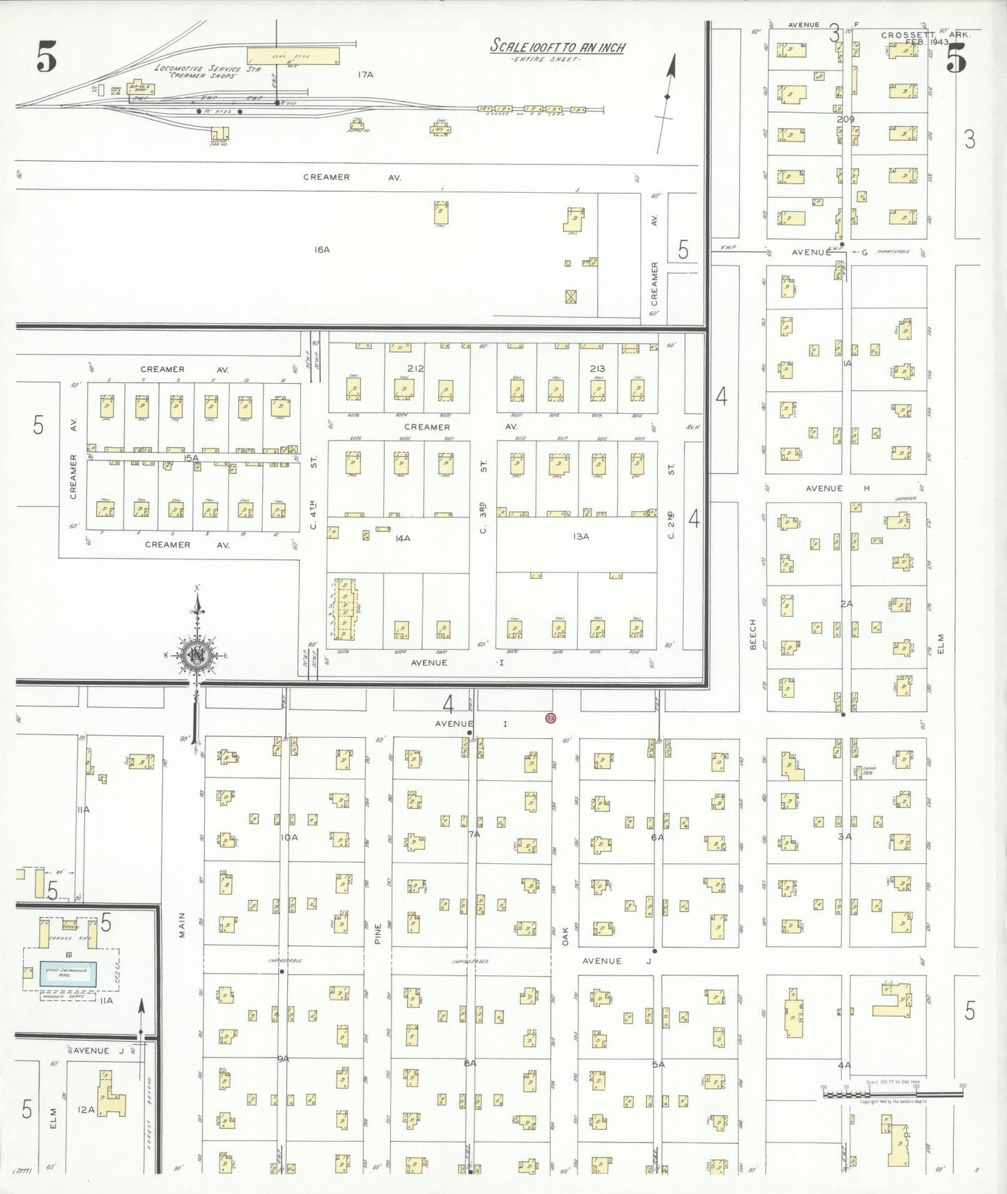 Sanborn Fire Insurance Map from Crossett, Ashley County, Arkansas (1943), Sheet #0005 - Historic Sanborn Fire Insurance Map Print, vintage old map wall art, antique decor, genealogy gift, Arkansas Arkansas map
