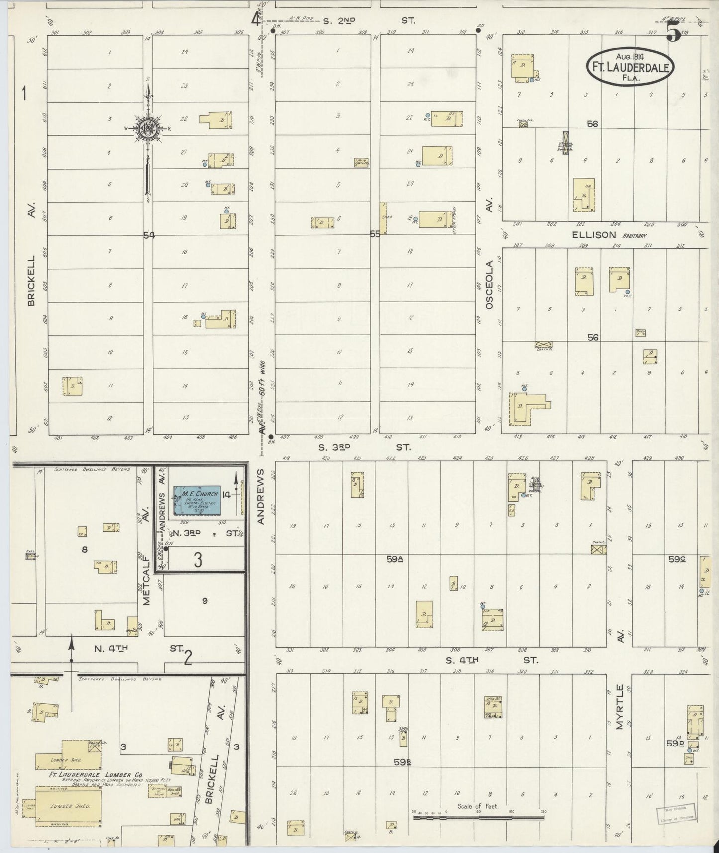 Sanborn Fire Insurance Map from Fort Lauderdale, Broward County, Florida (1914), Sheet #0005 - Historic Sanborn Fire Insurance Map Print, vintage old map wall art, antique decor, genealogy gift, Florida Florida map