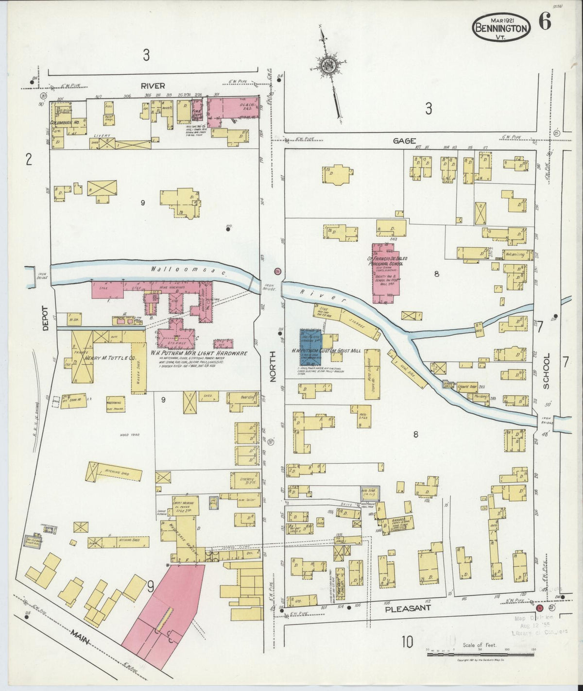 Sanborn Fire Insurance Map from Bennington, Bennington County, Vermont (1921), Sheet #0006 - Complete Map Set gallery image, historic Sanborn map, vintage wall art, Vermont Vermont