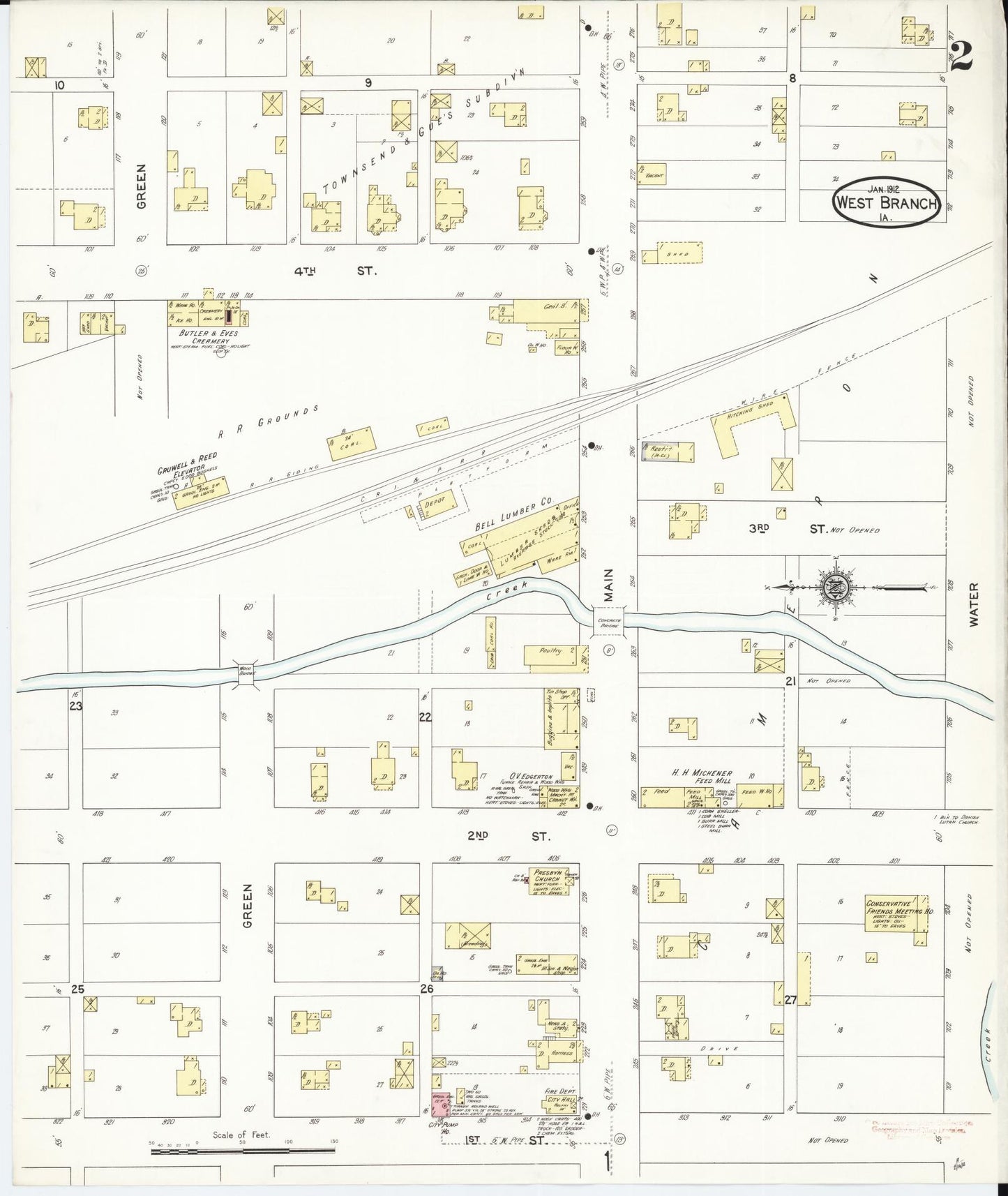 Sanborn Fire Insurance Map from West Branch, Cedar County, Iowa (1912), Sheet #0002 - Historic Sanborn Fire Insurance Map Print, vintage old map wall art
