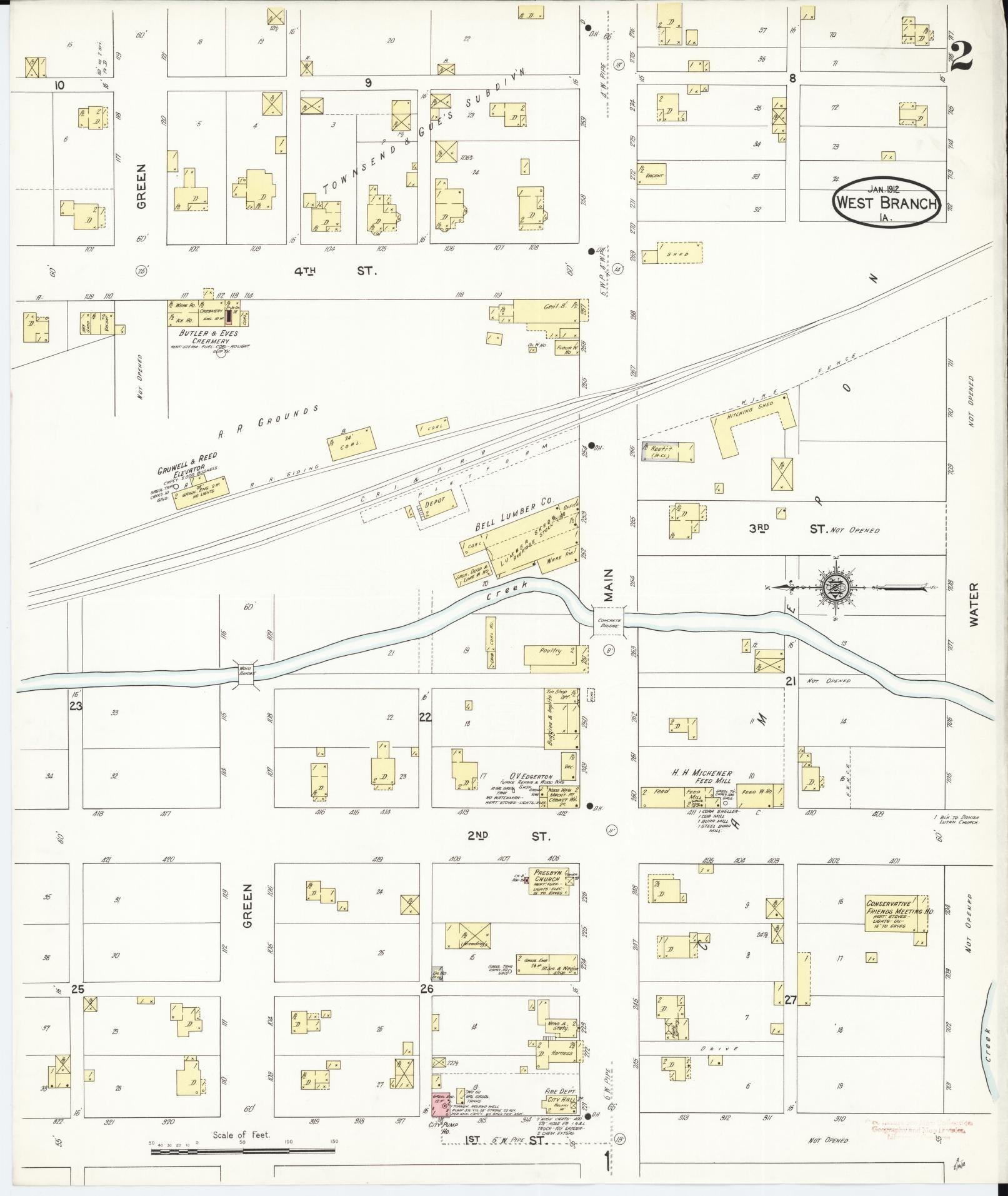 Sanborn Fire Insurance Map from West Branch, Cedar County, Iowa (1912), Sheet #0002 - Historic Sanborn Fire Insurance Map Print, vintage old map wall art