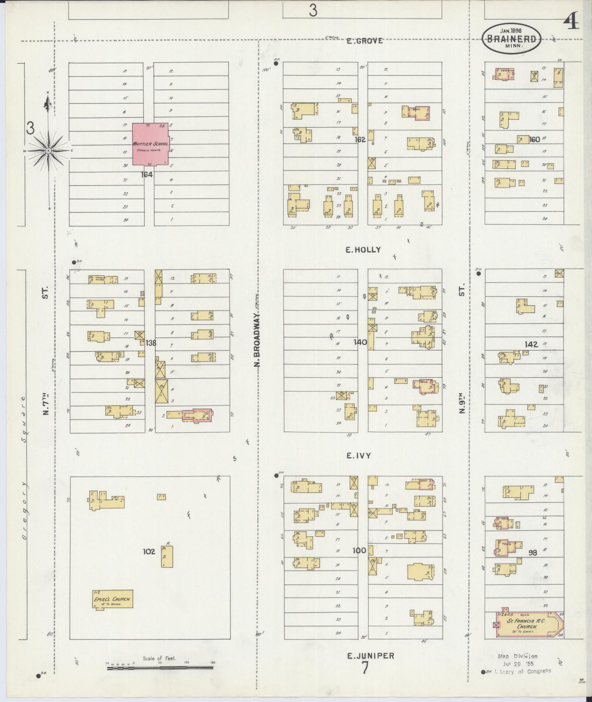 Sanborn Fire Insurance Map from Brainerd, Crow Wing County, Minnesota (1898), Sheet #0004 - Historic Sanborn Fire Insurance Map Print, vintage old map wall art, antique decor, genealogy gift, Minnesota Minnesota map