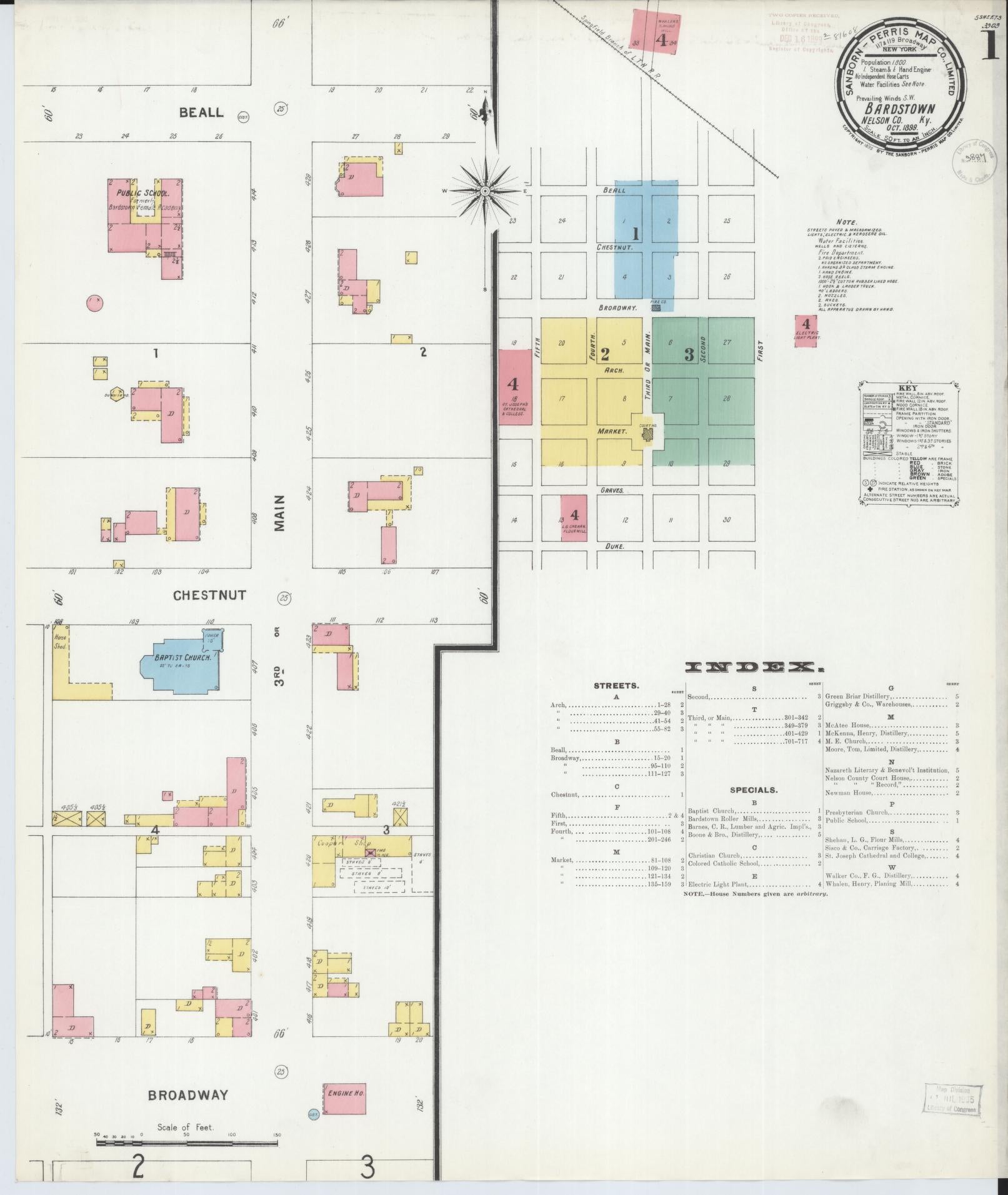 Sanborn Fire Insurance Map from Bardstown, Nelson County, Kentucky (1899), Sheet #0001 - Historic Sanborn Fire Insurance Map Print, vintage old map wall art, antique decor, genealogy gift, Kentucky Kentucky map