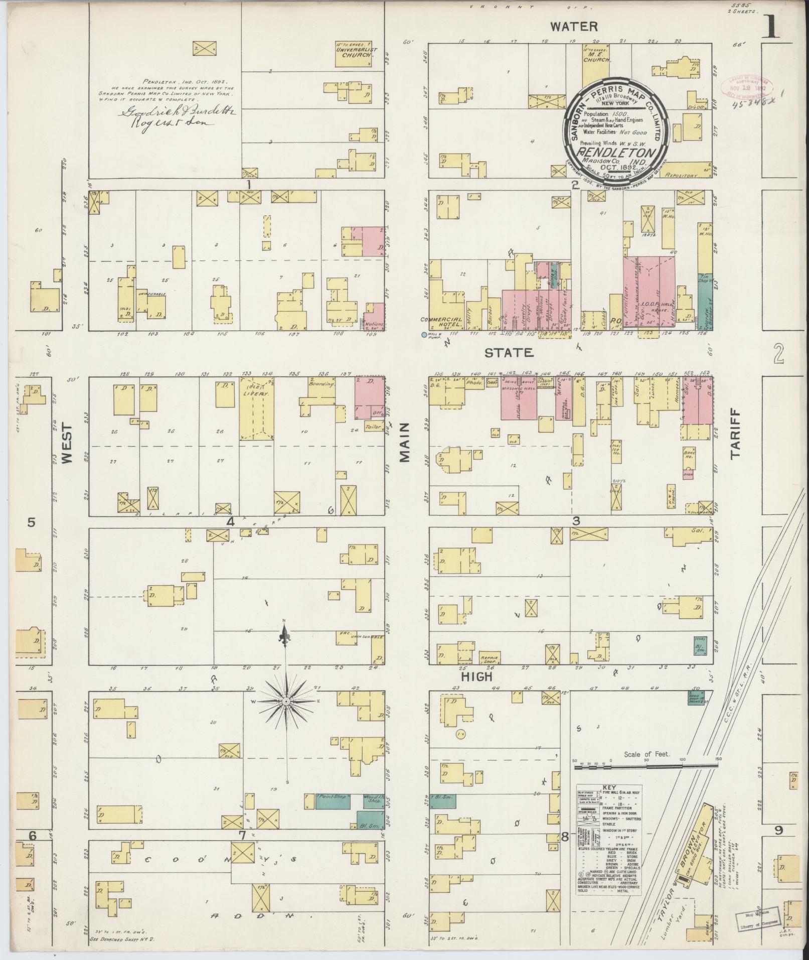 Sanborn Fire Insurance Map from Pendleton, Madison County, Indiana (1892), Sheet #0001 - Complete Map Set gallery image, historic Sanborn map, vintage wall art, Indiana Indiana