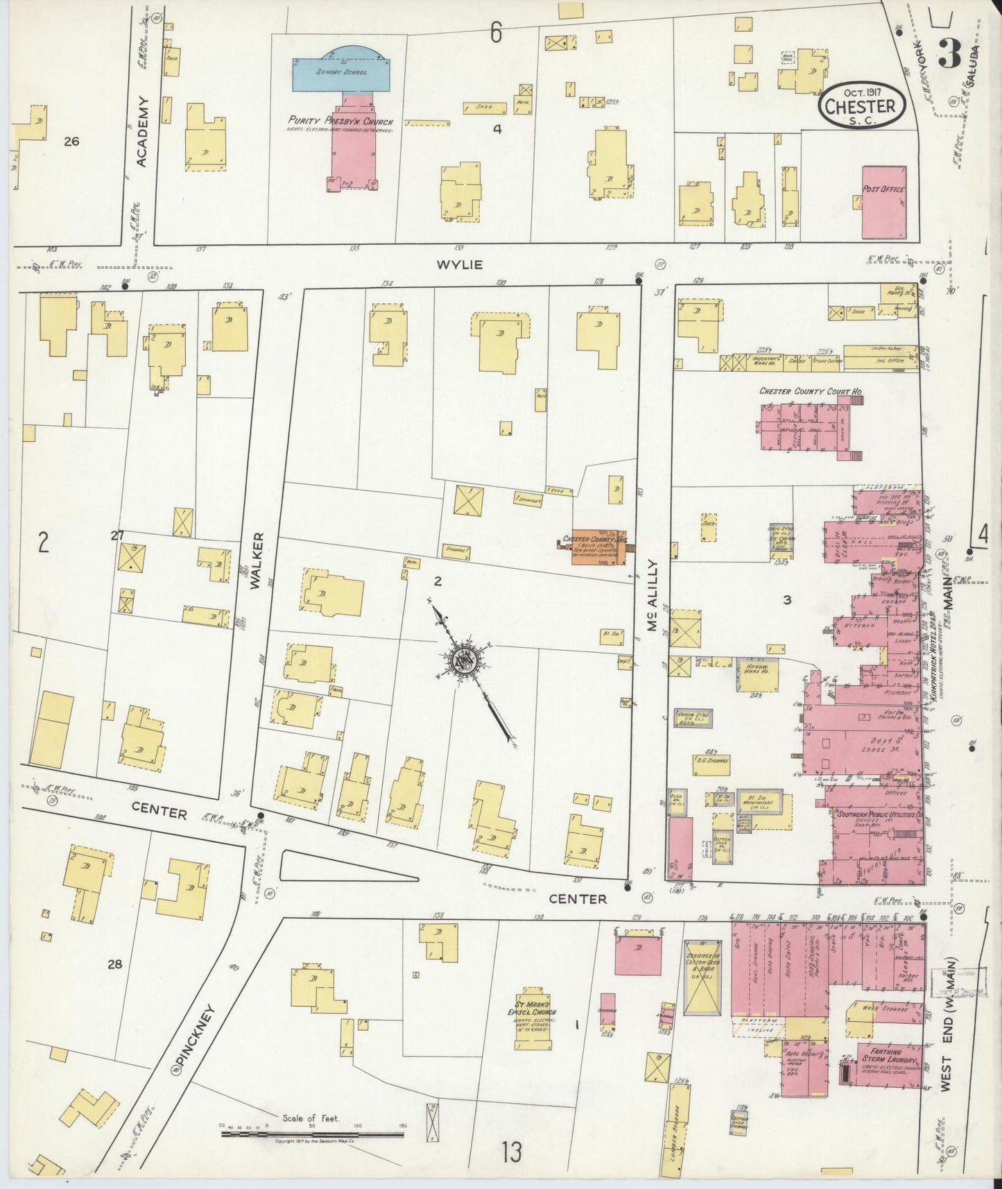 Sanborn Fire Insurance Map from Chester, Chester County, South Carolina (1917), Sheet #0003 - Historic Sanborn Fire Insurance Map Print, vintage old map wall art, antique decor, genealogy gift, South Carolina South Carolina map